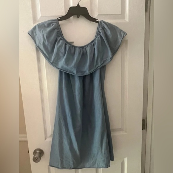 LOVE CULTURE OFF SHOULDER RUFFLE CHAMBRAY DRESS - Picture 3 of 7